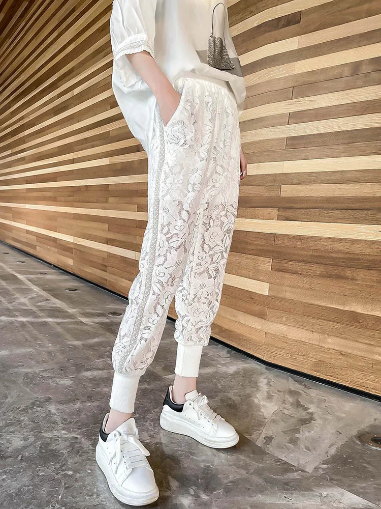 Fashion Beaded Harem Pants Women Refined Handmade Lace Patchwork Casual  Pants 2023 Spring Summer New Korean Slim Casual Pants - AliExpress