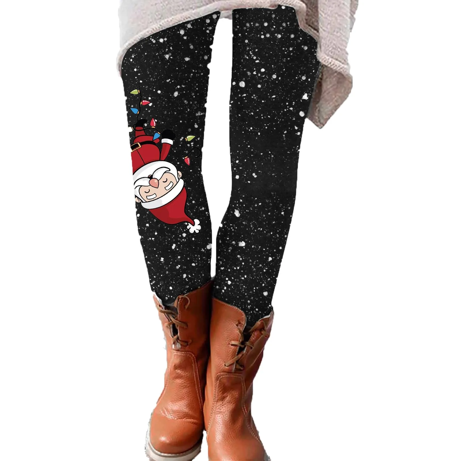 Women Cute Pattern Christmas Print Leggings Elastic Leggings Casual Pants Boots Pants