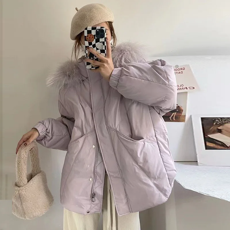 

Real Fox Fur Collar Winter Women 90%White Duck Down Jacket Ladies Short Warm Puffer Coat Female Loose Casual Windproof Parkas