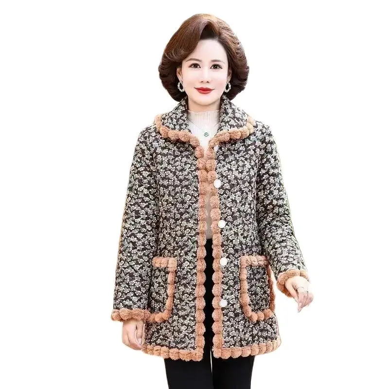 

Winter New Middle-aged And Elderly Mother Cotton-padded Jacket In Long Foreign Fashion Printed Fleece Warm Casual Coat Women5XL.