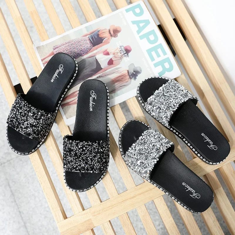 Bling Slippers New Summer Women Shoes Outdoor Beach Sandals Fashion Rhinestone Flat Sandalias Ladies Casual Slides Sandale Femme