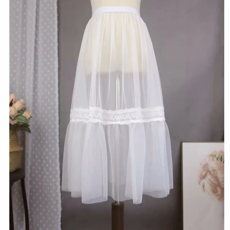

White Mesh Single Layer Transparent Fairy Underskirt Long Lace Embroidery Skirt Half Slip Matching with Straps Dress Underdress
