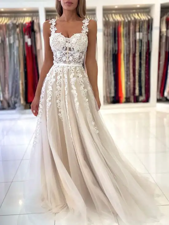 

Champagne Evening Dresses Lace Applique Tulle A Line Long Spaghetti Straps Sweetheart Formal Party Illusion Prom Gowns with Sash