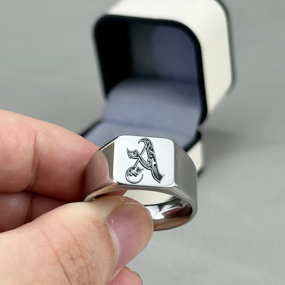 Personalised Initial Engrave A to Z Alphabet Stainless Steel Signet Blank Plain Ring Band High Polished Gold Color Tone U.S.Size