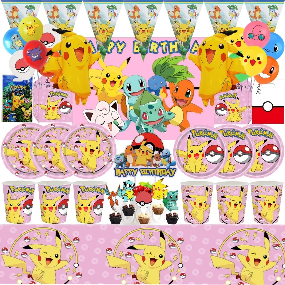 Pink Pokemon Birthday Party Decoration Kids Shower Boy Girl Tableware Supplies Tablecloth Numbers Balloon Cake Toppers Backdrop