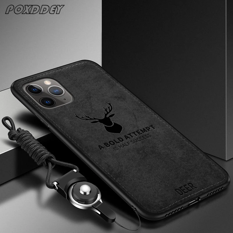 Vintage Deer Print Lanyard Phone Case with PU Cloth Texture Back Cover