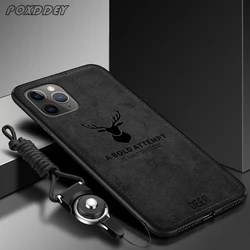 Vintage Deer Print Lanyard Phone Case with PU Cloth Texture Back Cover - iPhone 12 Mini (Black)