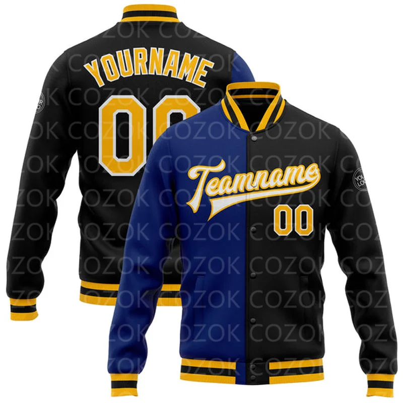 Custom Blue Mix 3D Printed Baseball Button Jacket Bomber Full-Snap Varsity Letterman Jacket