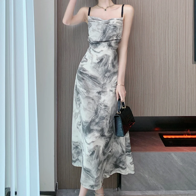 

HOUZHOU Sexy Maxi Dress Vintage Elegant Print Aesthetic Chinese Style Gentle Backless Bandage Fashion Summer Slim Long Dresses