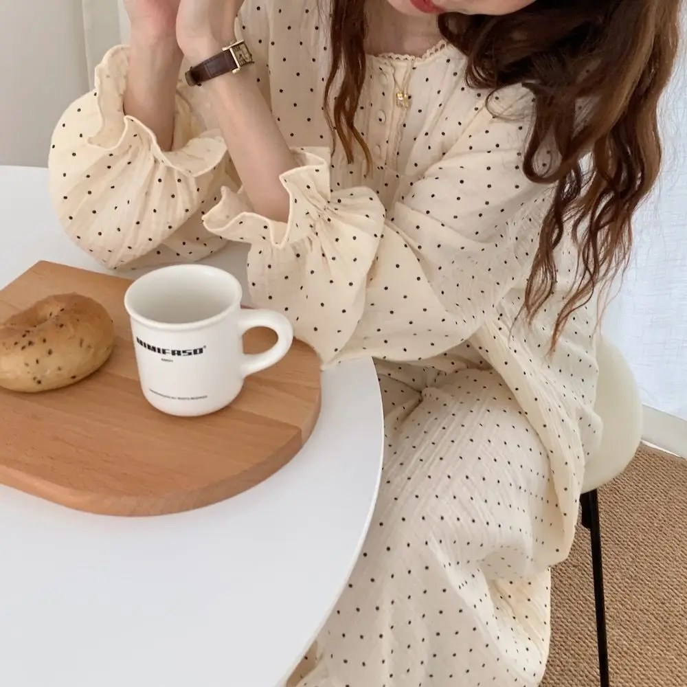Women Nightgowns Sweet Lace Cotton Long Sleeve Loungewear