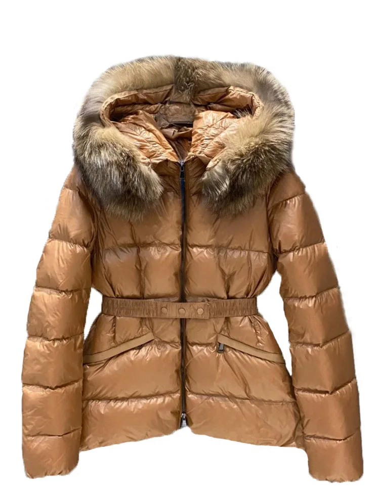 

Down jacket with belt short hooded loose fit back corset design warm and comfortable 2023 winter new 1025