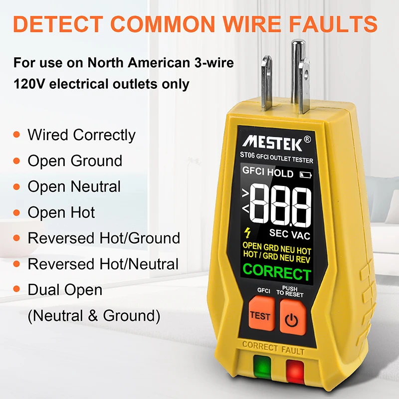 ST06 Socket Tester VA Color Screen Digital Display Outlet Checker GFCI Live Neuter Wire Test US Plug Ground Zero Line Meter 2