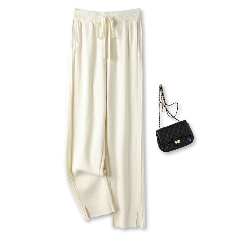 High Quality Knitted Wide Leg Pants Women New Autumn Winter High Waistline Elasticity Fashionable Versatile Floor Mops Trousers