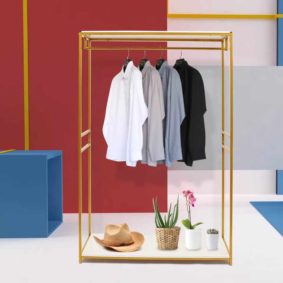 Gold Iron Clothing Rack with Shelves for Events