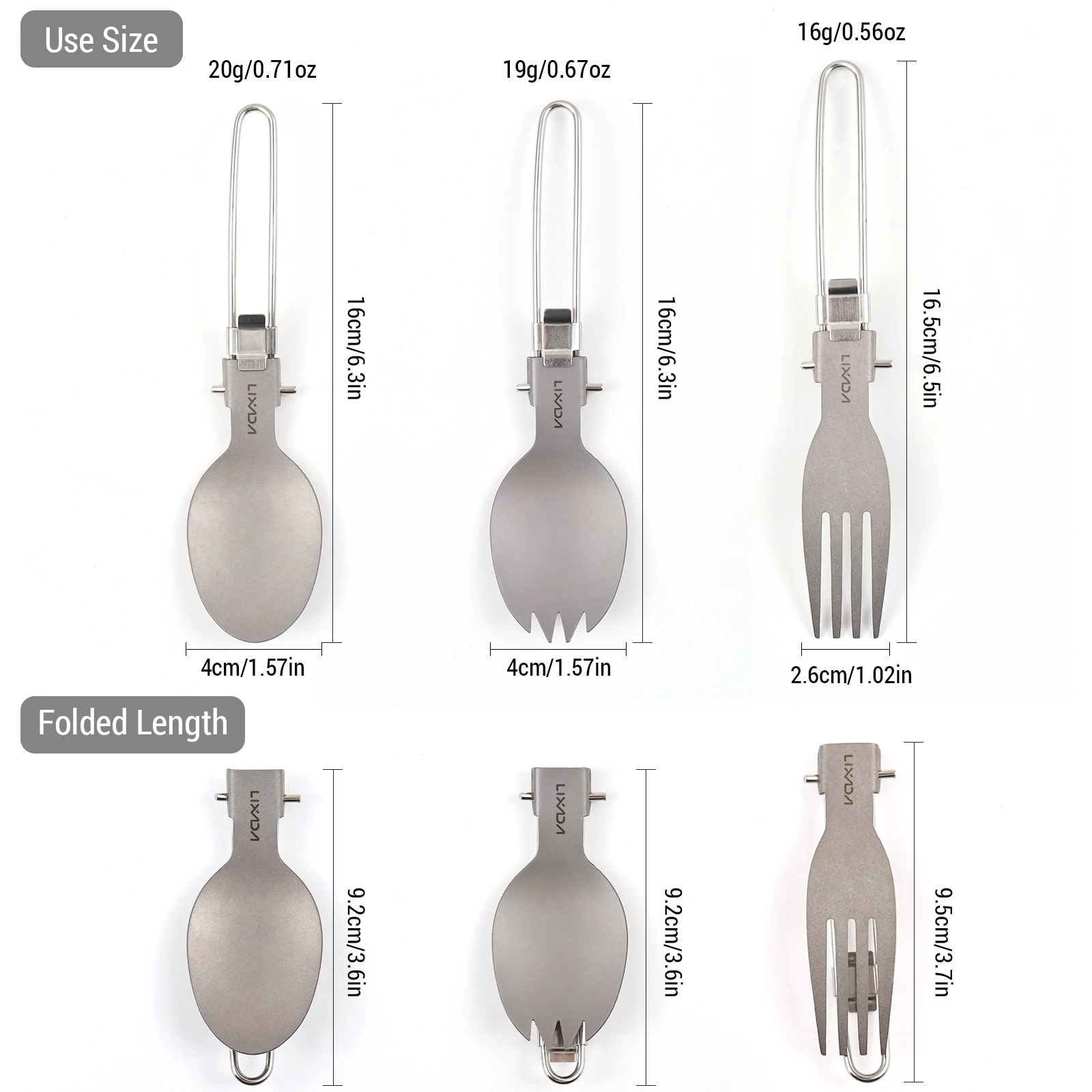 Lixada 3PCS Camping Spoon Fork Combo Titanium Salad Lightweight Compact Utensils Stainless Steel and Ti Acid Corrosion-Resistant