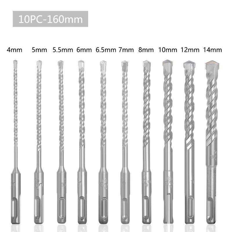 

10pcs Electric Hammer SDS Plus Drill Bit Set 160mm for Concrete Wall Brick Block Masonry Hole Saw Drilling Bits 4mm 5mm 6mm 018