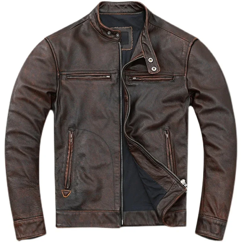 

Retro Distressed Cowhide Leather Jacket Men's Real Motorcycle Youth Slim Fit Unlined Coat Fashion