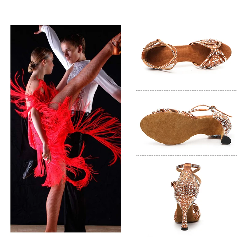 DKZSYIM Rhinestone Latin Dance Shoes Female Latin Salsa Girl Casual Shoes Black Bronze Skin Shiny Ballroom Dance Shoes Sandals 6