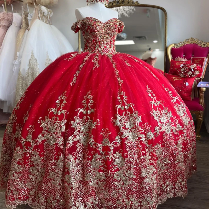 

Red Ball Gown Quincenara Dress 2024 Gold Applique Lace Beads Vestidos De 15 Años Off the Shoulder Quinceañera XV Brithday Sweet