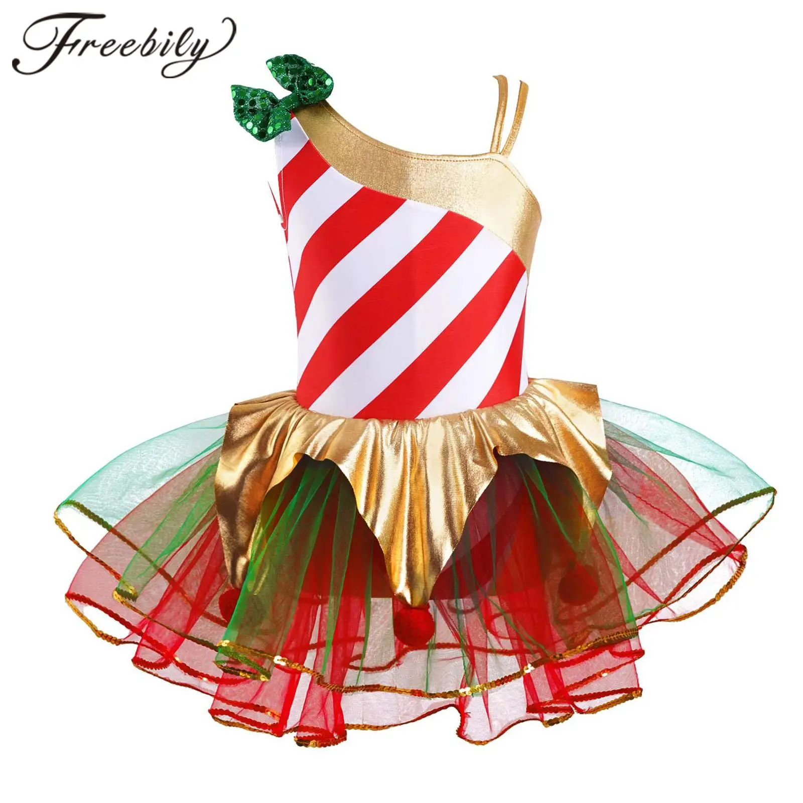 

Kids Little Girls Elf Christmas Dress Ballet Leotard Tutu Dress Sequin Stripes Carnival Festival Santa Cosplay Costume Dancewear