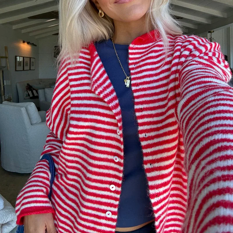 Casual Loose Cardigan For Women Autumn Long Sleeve Knitwear Y2K Outerwears Women's Fashion Stripes Sweater Female Top