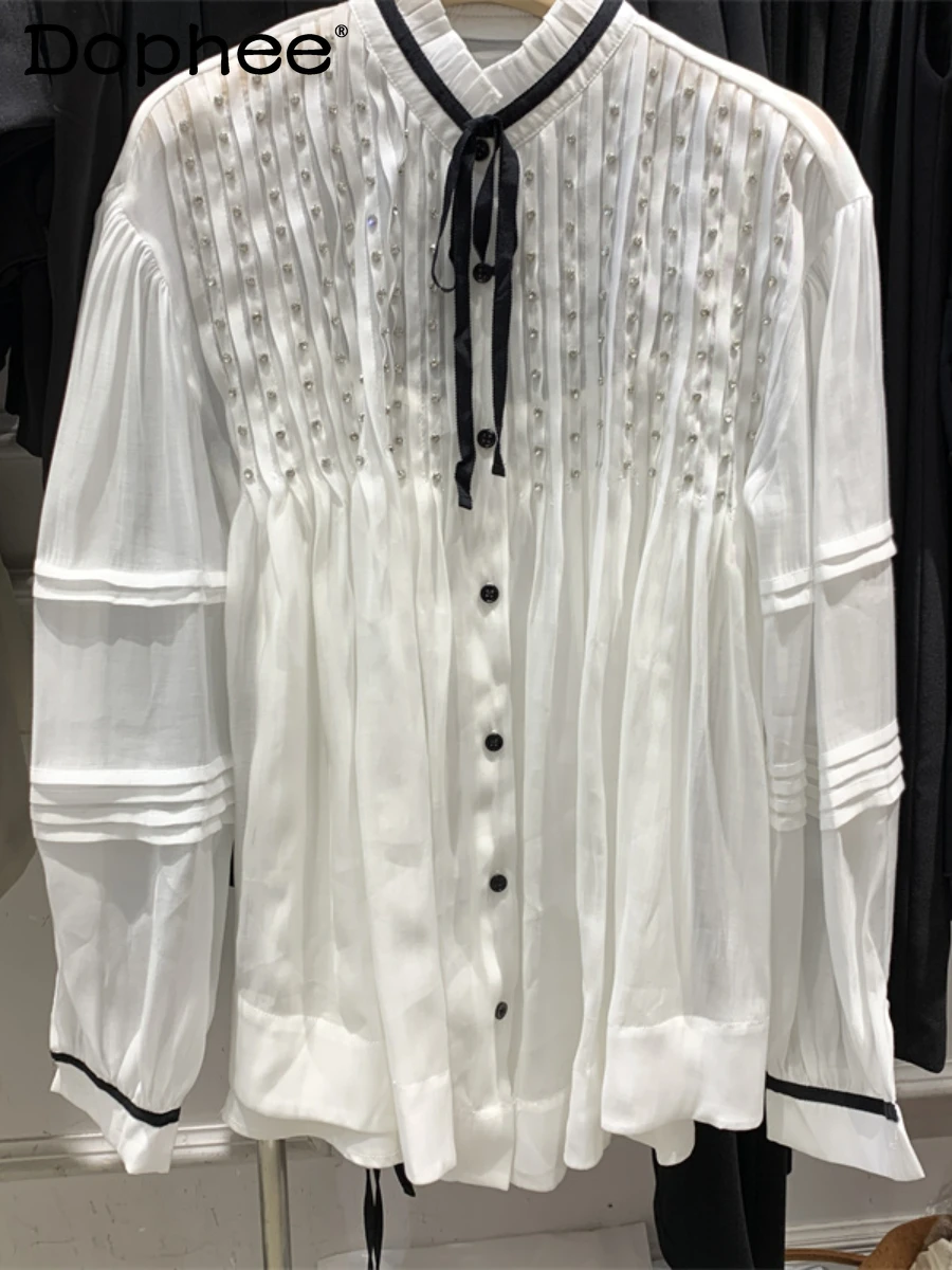 

2023 Autumn New Palace Style Ruffled Collar Lace-up Bow Rhinestone Puff Sleeve Blouse with Camisole White Shirt Two-Piece Set