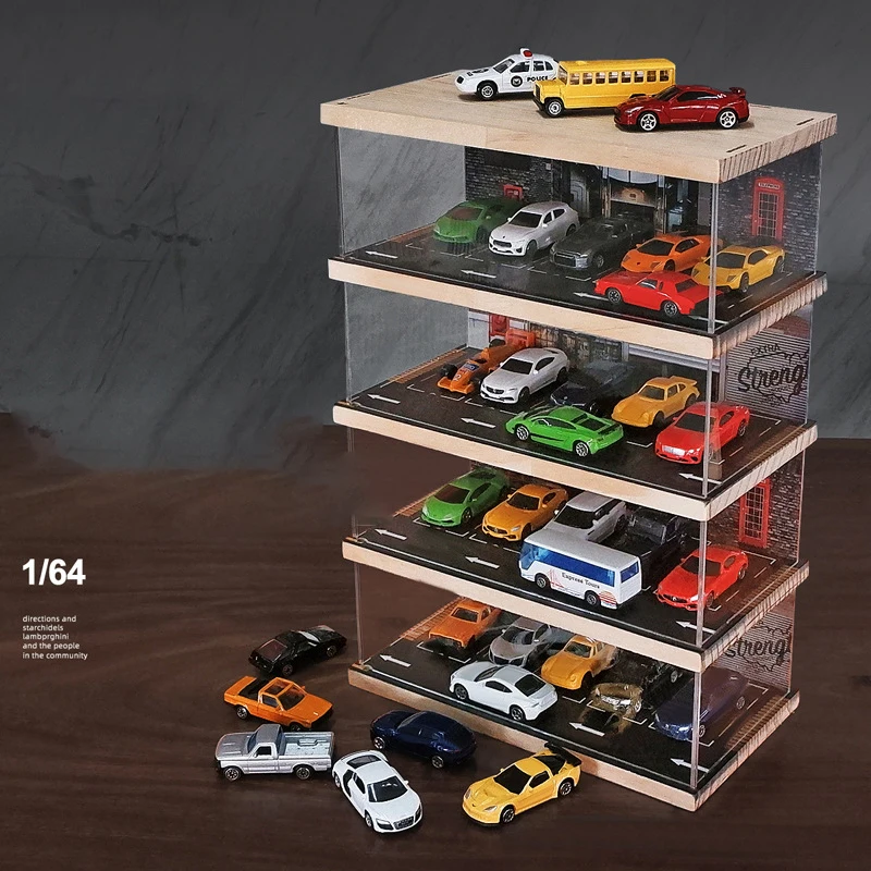 

1:64 Scale 1-4-Tiers Vehicle Model Display Case for Sports Car,Lego Model Collectors,Display Box for Car Toy with Parking Lot