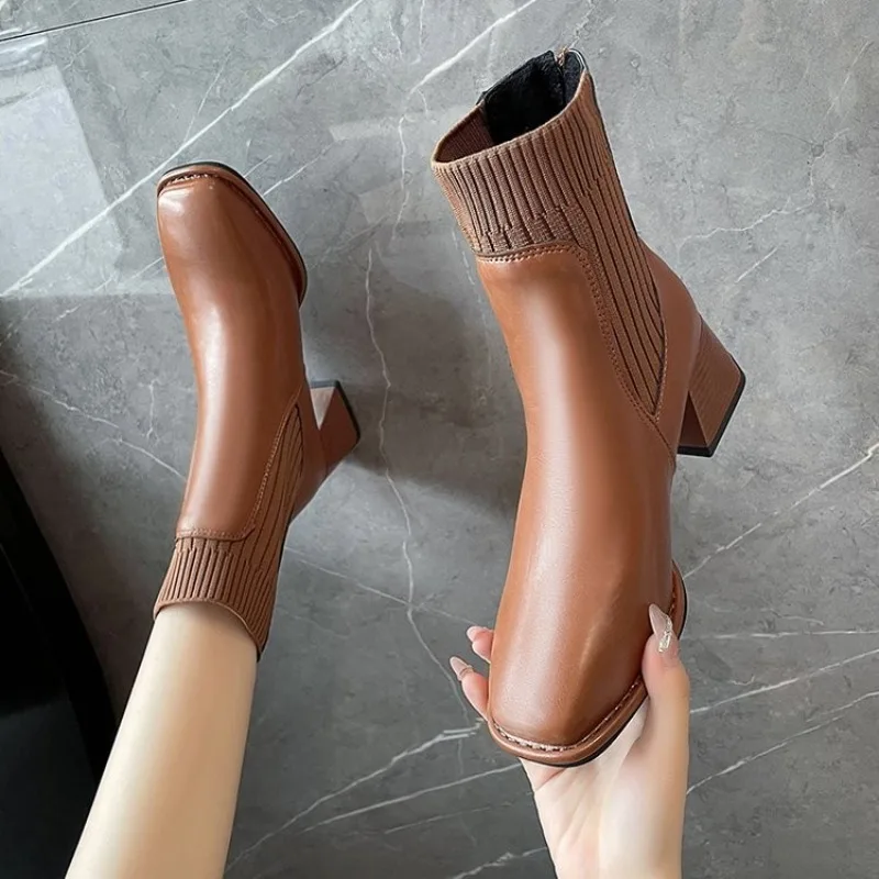 Shoes for Women 2023 Winter New Square Toe Women's Boots High Quality Brown Ankle Boots Simple Versatile Platform Ladies Boots