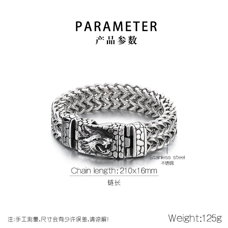 Fongten Herren-Armband aus Edelstahl, dick, zweireihig, gewebte Kette, geschnitztes Drachenkopf-Muster, rechteckige Schnalle, Schmuck, Geschenke – Detail 1