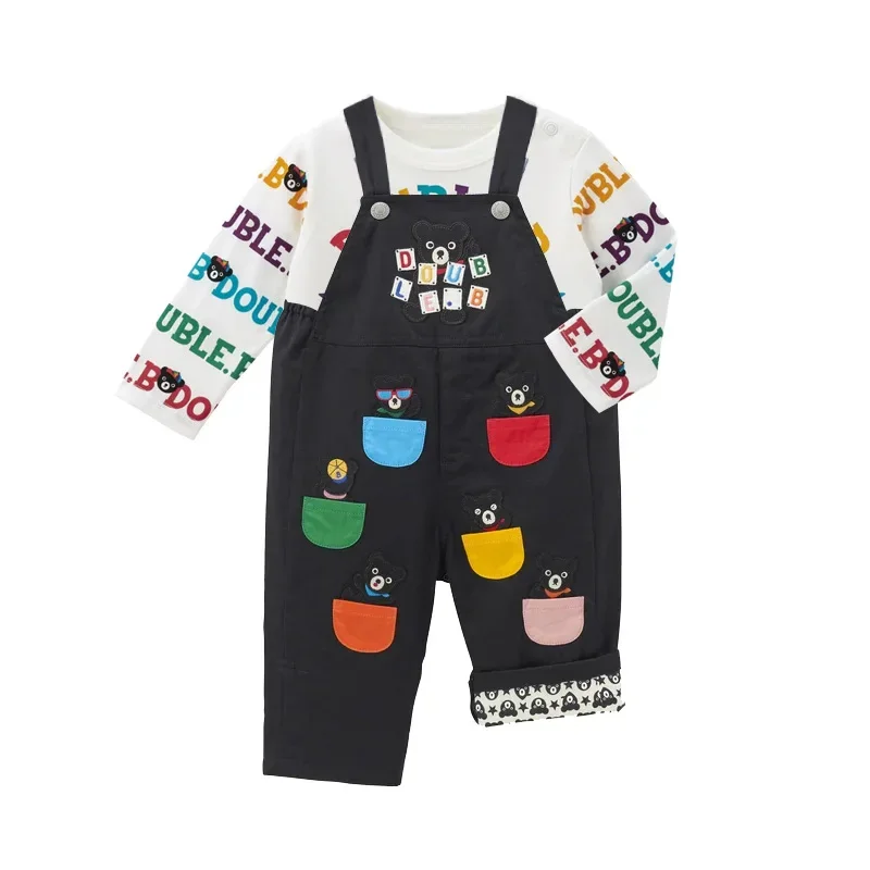 Boys' Trousers New Children's Cartoon Black Bear Color Pocket Embroidered Bib Jeans
