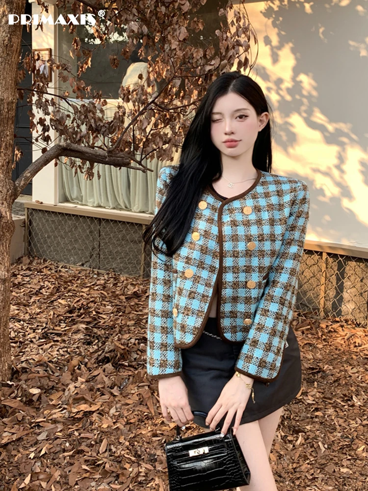 PRIMAXIS Double Breasted Wool Blended Woven Plaid Tweed Winter Coat for Women 2022 Jackets  Coats Female Clothing Short Blazers brown tweed wool men suits slim fit groom wedding tuxedos 2 piece jacket pants bridegroom blazers costume homme smoking jacket