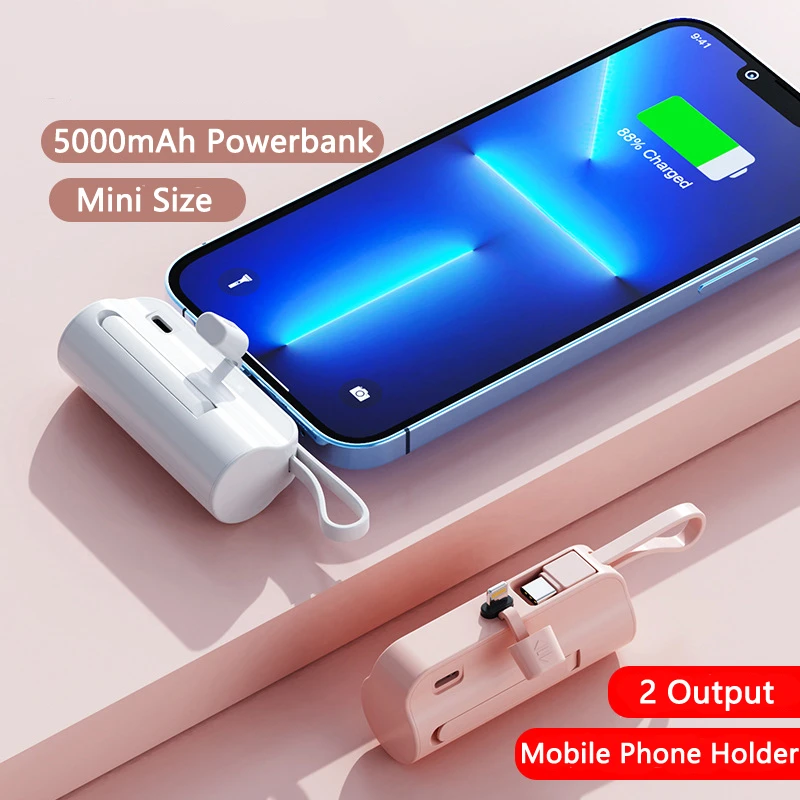 Mini Capsule Power Bank 5000 MAh With Cable Plug For IPhone Type C Powerbank External Battery Charger For Samsung Huawei Xiaomi_voghion.com