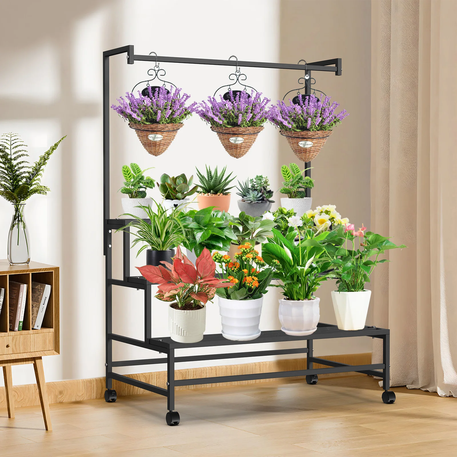 Plant Stand 3-tier Ladder Hanging Shelf Holder Storage Pot Rack With Wheels For Living Room Garden