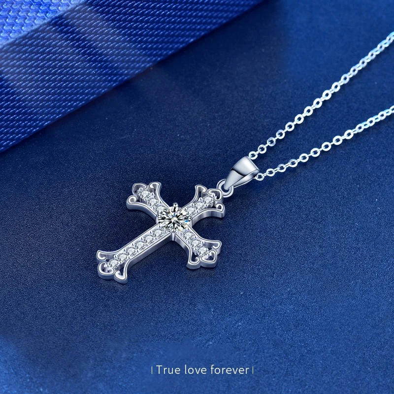 Moissanite Cross Pendant Necklace 925 Sterling Silver 18K White Gold Plated GRA Certificate