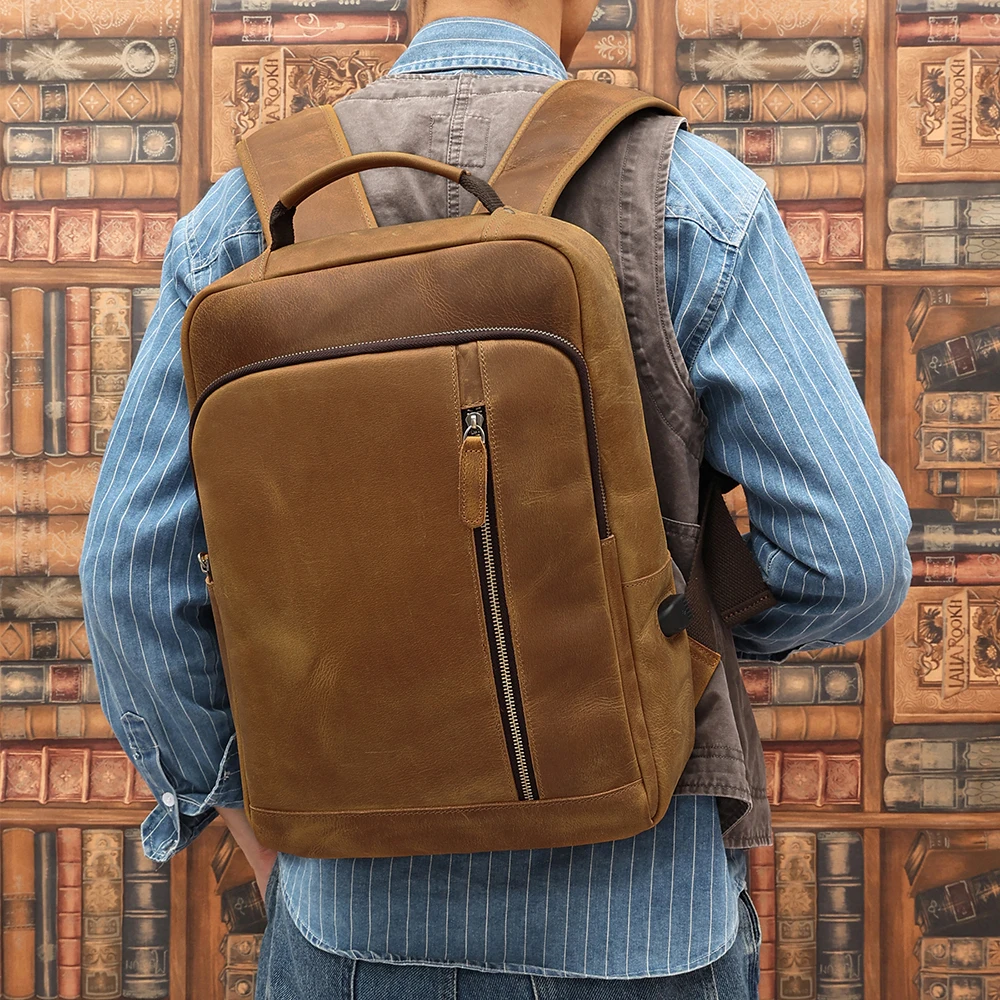 New Genuine Leather Backpack for Men's 15.6-inch Retro Computer Bag Crazy Horse Leather Large Capacity Travel Backpack for Men new retro genuine leather male backpack men