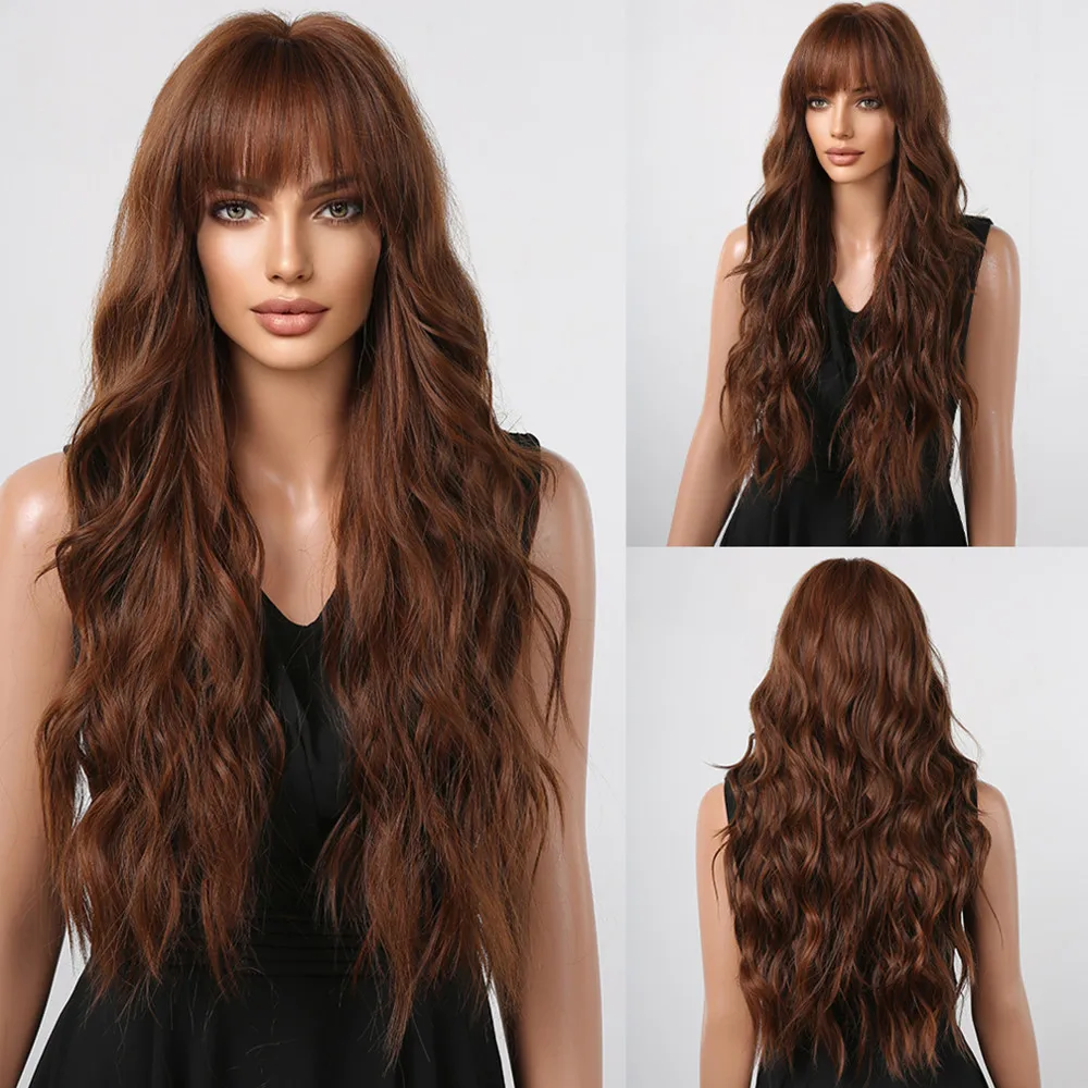 ALAN EATON Ombre Brown Long Wave Wig Synthetic Heat Resistant Wig With Bangs for Women Natural Looking Daily Costume Fake Hair