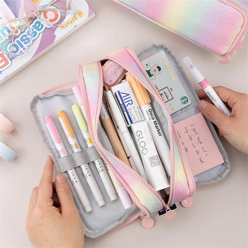 Pencil Cases Stationery Box Pen Storage Bag Pencil Cases School Pen Case Large Storage Bag Cute Pouch Kawaii Multifunctional Rainbow Papeleria School Supply Stationery