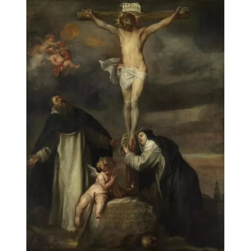 Elegant Church Cathedral Wall Art: Anthony van Dyck's Christ at the Cross with St. Catharina of Siena and St. Dominic Print Painting