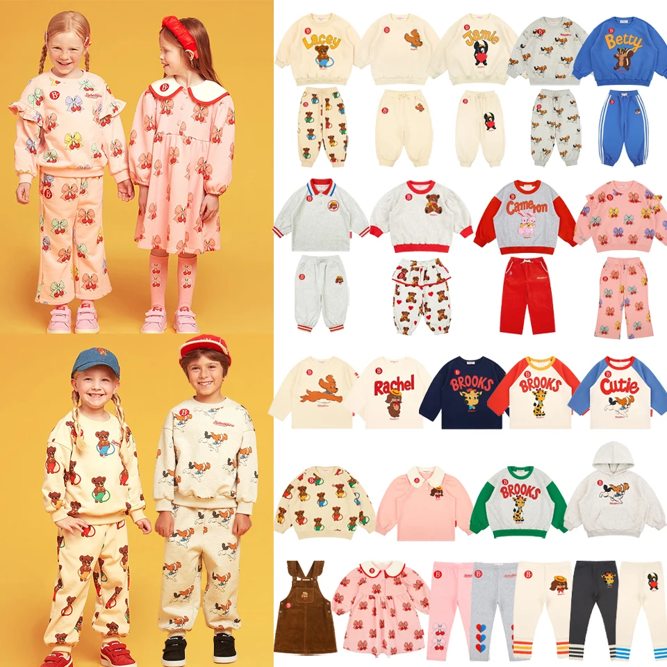 Korean Bebe Autumn Boys Girls Cartoon Sweatshirt Pants Baby Kids Hoodies Trousers Leggings Dress Tops Children Clothes Set
