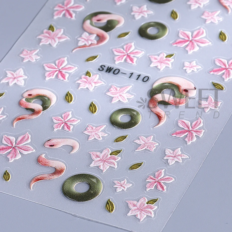 2pcs Pink Snake Embossed Nail Stickers Holographic Sakura Petal Leaf Design Adhesive Sliders DIY Nail Decals Manicure Decoration