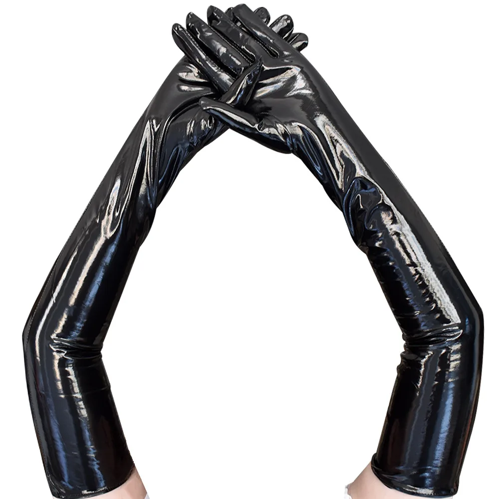 Adult Sexy Long Black Latex Gloves Metallic Wet Look Faux Leather