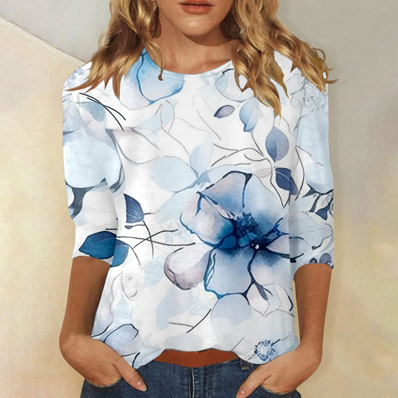 

Retro Flower 3D Printed T Shirts Womens Round Neck Three Quarter Sleeve Graphic Tees 2024 Spring Summer Casual Tops Street Wear