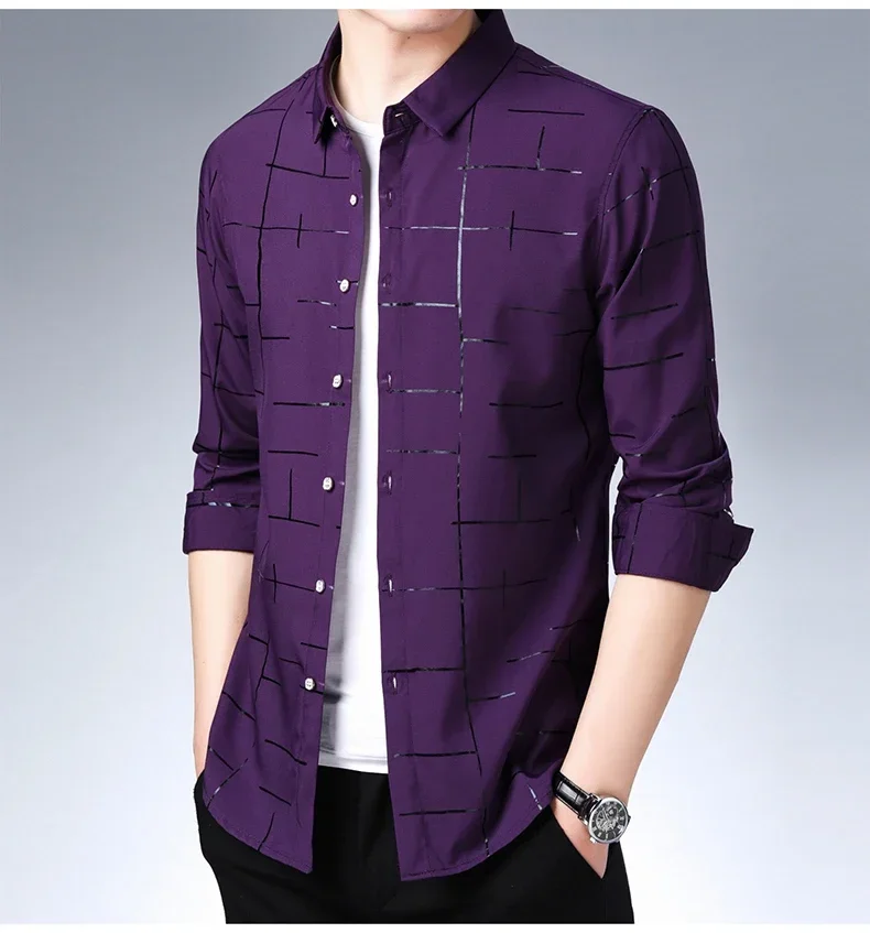 Description Picture 6 of item2022 Brand Casual Plaid Luxury Plus Size Long Sleeve Slim Fit Men Shirt Spring Social Dress Shirts Mens Fashions Jersey 41607