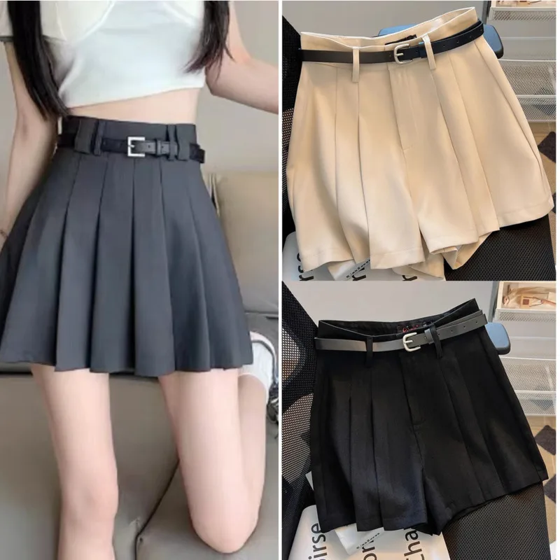 

Temperament Black High Waisted Women's Shorts Summer Solid Color Pleated Wide Leg Shorts Casual Street Pocket Zippered Shorts