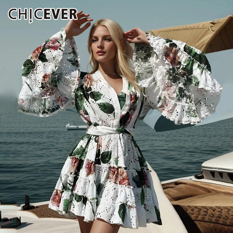

CHICEVER Hollow Out Print Dresses For Women V Neck Flare Sleeve Single Breasted Spliced Lace Up Colorblock Mini Dress Female New