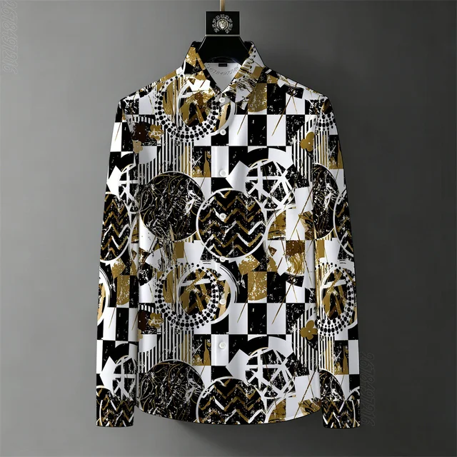 Chemise homme nouvelle collection, style luxe léger, imprimée sans plis, tendance, à motifs géométriques, color block, décontractée, manches longues 1