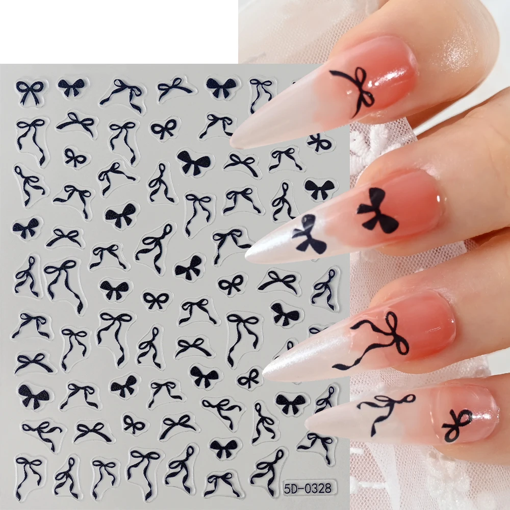 Kawaii 5D Sweet Bow Nail Stickers Pink Black White Long Ribbon Bowknot Self Adhesive Nail Art Stickers DIY Manicure Decor Decals 3