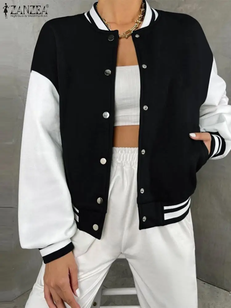 

ZANZEA 2023 New Women Colorblock Baseball Bomber Jacket Autumn Street Coats Chic Hip Hop Coat Casual Loose College Style Outwear