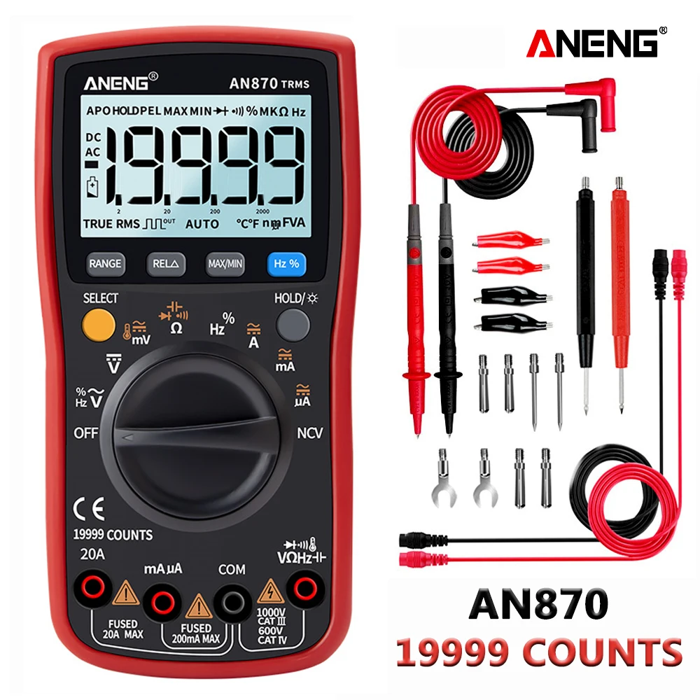 ANENG 870 rouge Multimètre multimeter multimetre digital professionel  мультиметр multi meter Numérique 19999 points Rétro-Éclairage AC/DC  Ampèremètre Voltmètre Ohm pince Crocodile cavalier test lead