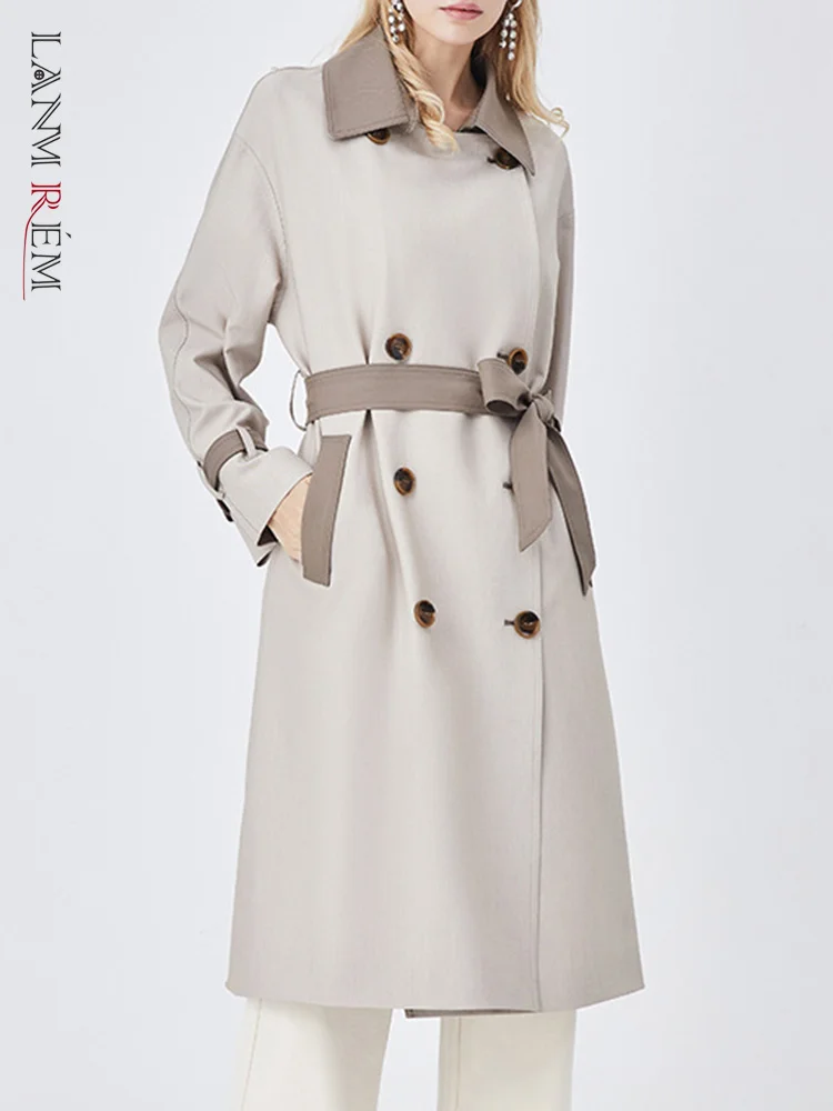 

LANMREM Contrast Color Trench Coat Mid Length Double Breasted Belt Windbreaker Ladies Fashion Clothing Korean Chic Style 2DA1663